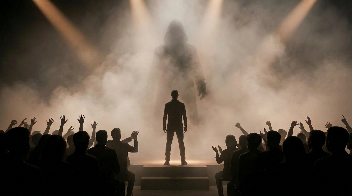 A creator silhouette addressing an audience, with the looming silhouette of a shadow operator pulling bronze-lit strings behind them