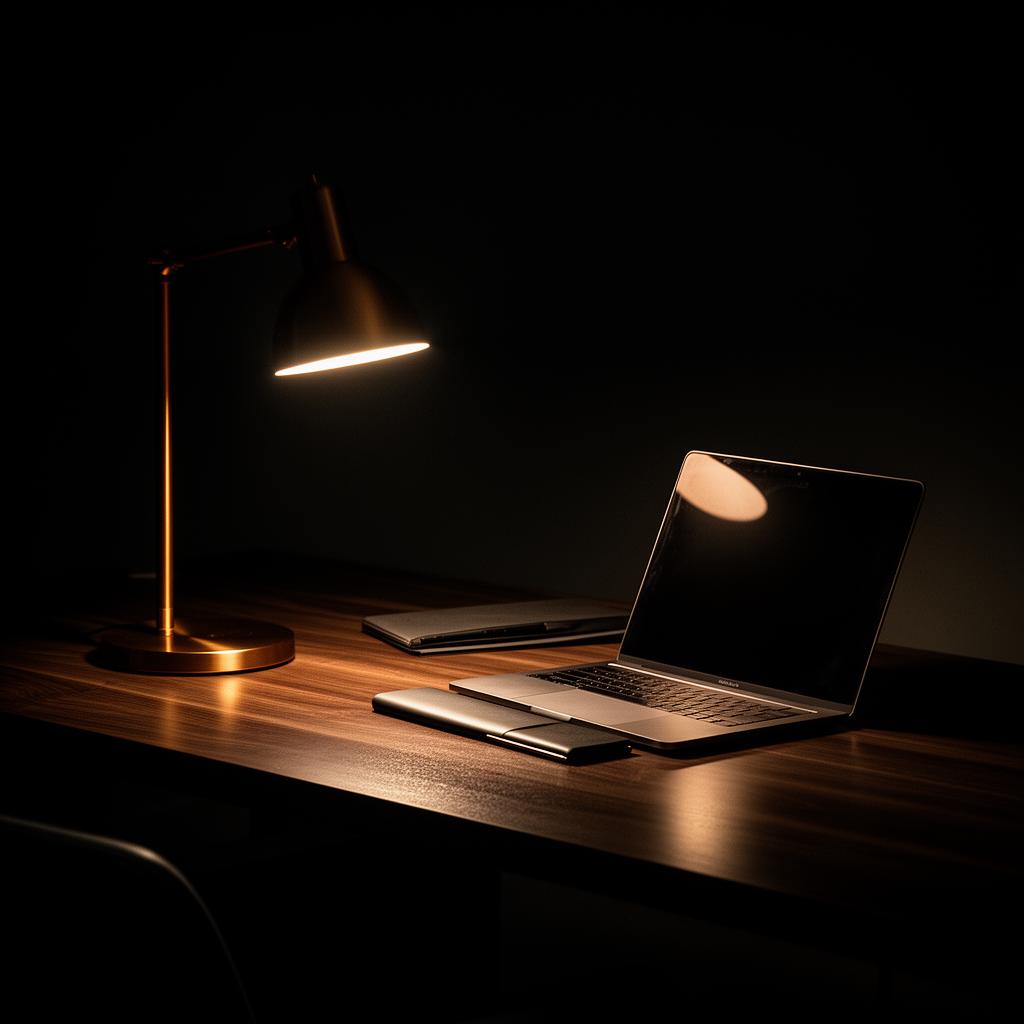 A dark minimal workspace with a single spotlight